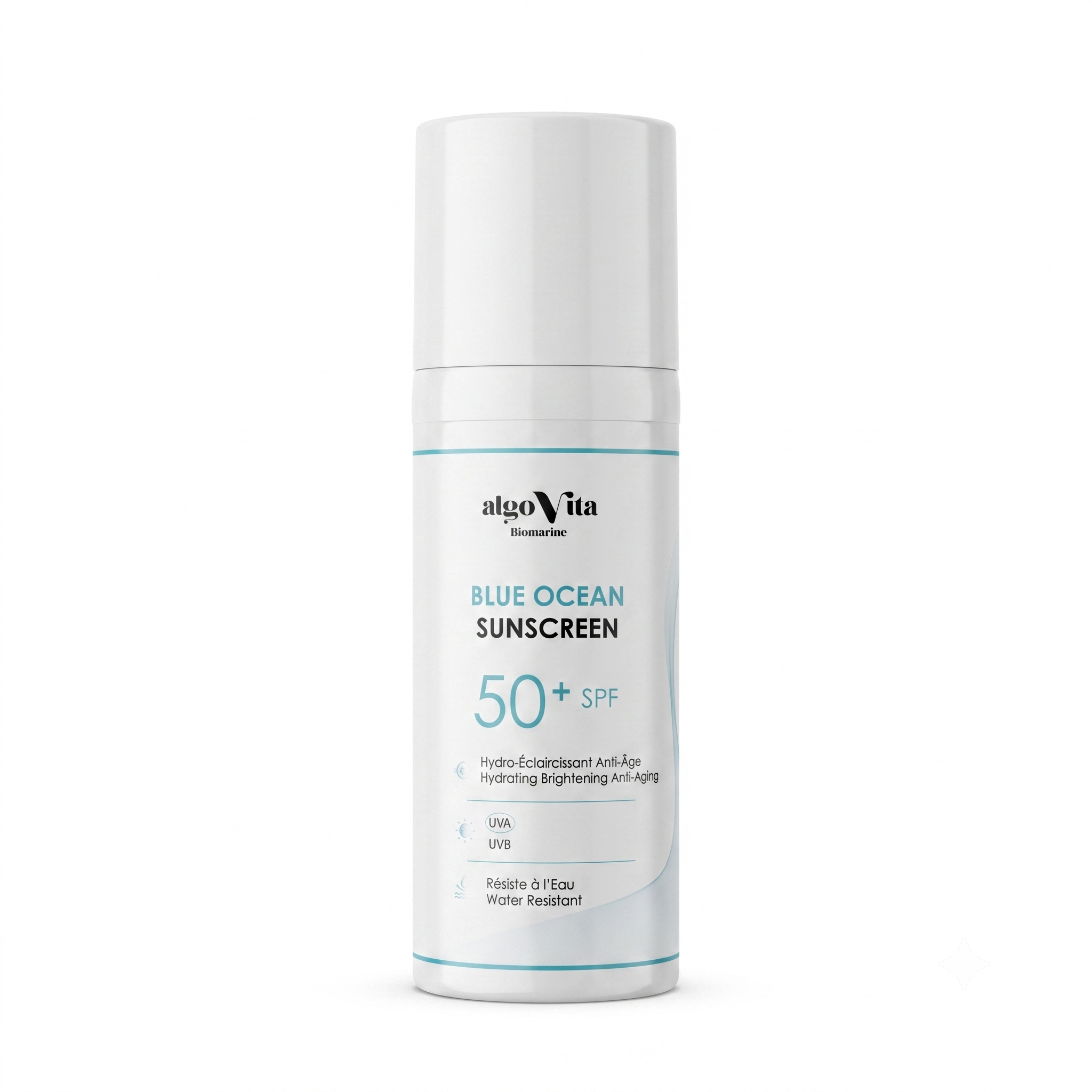 Écran Solaire Hydro-Éclaircissant Anti-Âge Blue Ocean Beige SPF 50+ UVA-UVB PA+++ Mxite à grasse